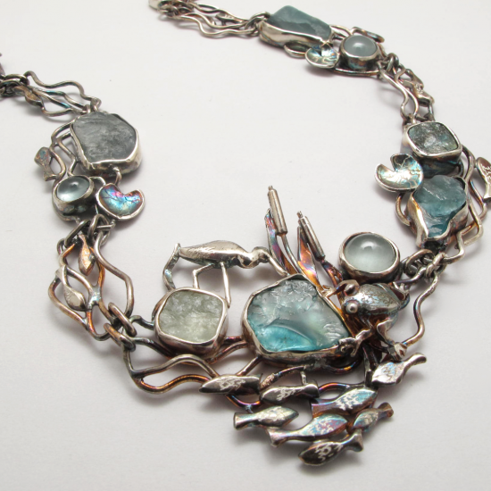 A Handmade Sterling Silver 'Fish Pond' NECKLACE with Aquamarine, Apatite and Labradorite.