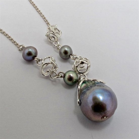 A Handmade Sterling Silver, Grey Freshwater Pearl and Found Silver Chain PENDANT/NECKLACE.