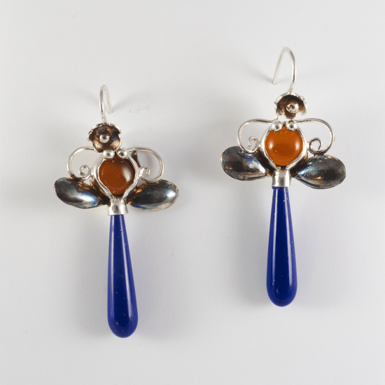 A Pair of Handmade Sterling Silver, Carnelian and Lapis Lazuli  "Dragonfly" DROP EARRINGS