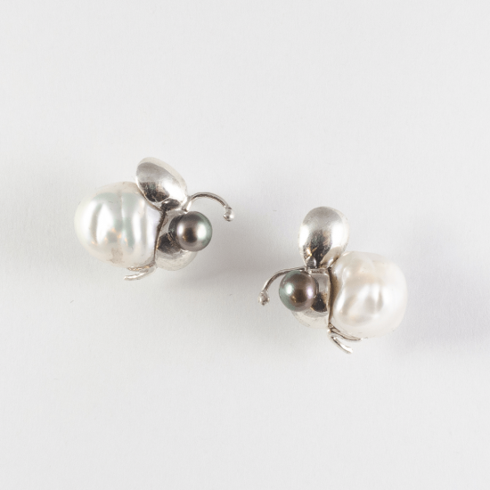 A Pair of Handmade Sterling Silver and Black and White Freshwater Pearls BUG STUD EARRINGS