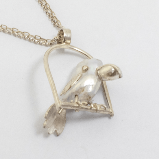 A Handmade Sterling Silver PARROT ON  A SWING Freshwater Pearl PENDANT on Chain.