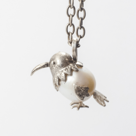A Handmade Sterling Silver and Baroque Freshwater Pearl BIRD PENDANT on Chain.