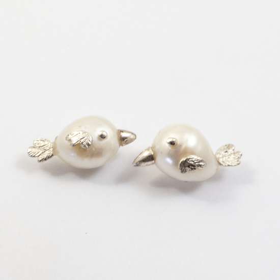 A Pair of Handmade Sterling Silver and Baroque Freshwater Pearl BIRDIE Earrings.