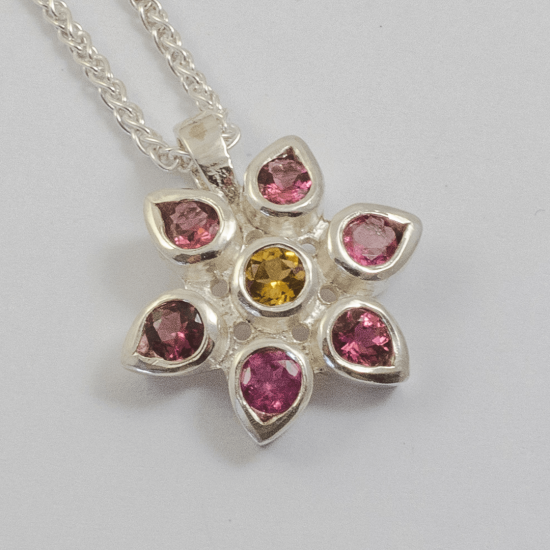 A Handmade Sterling Silver, Pink Tourmaline and Citrine DAISY PENDANT on Silver Chain.