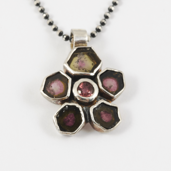 A Handmade Sterling SiIver Watermelon Tournaline and Pink Tourmalines DAISY PENDANT on Oxidised Silver Chain.