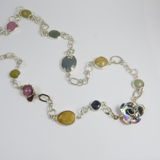 A Handmade Sterling Silver SAPPHIRE NECKLACE, with Fancy Link Chain set with Pink, Blue and Yellow Sapphires.