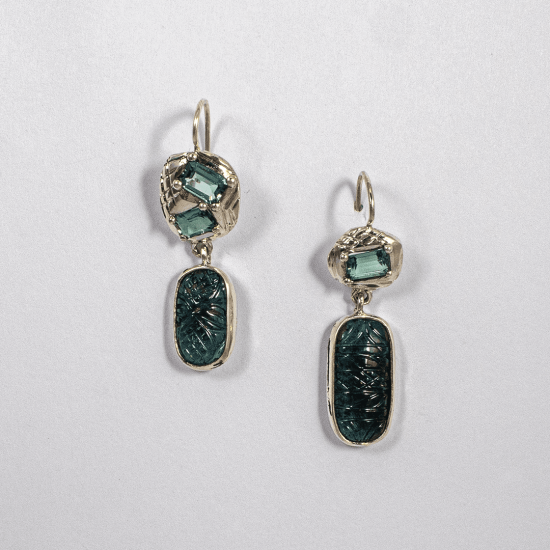 A Pair of Handmade Sterling Silver  DROP EARRINGS  with Carved and Facetted  Tourmalines.