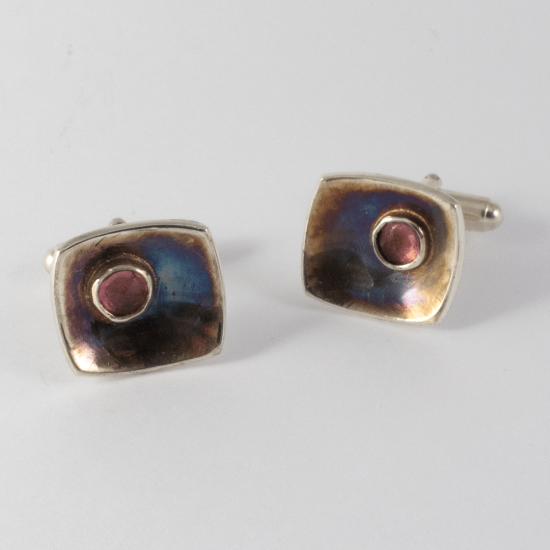 A Pair of Handmade Polished and Oxidised Sterling  Silver Pink Tourmaline  CUFFLINKS.