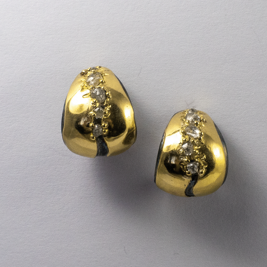 A Pair of Handmade Oxidised Sterling Silver, 18ct Yellow Gold and Diamond HALF HOOP EARRINGS.