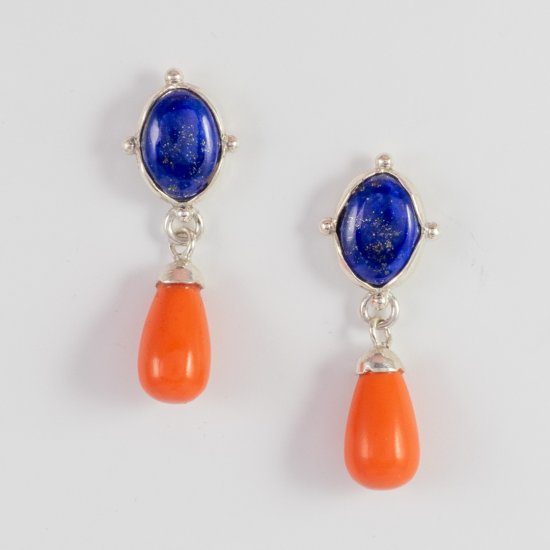 A Pair of Handmade Sterling Silver DROP EARRINGS, set with Lapis Lazuli and Chinese Coral.