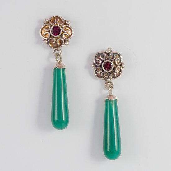 A Pair of Handmade Sterling Silver, Tourmaline and Green Agate DROP EARRINGS.
