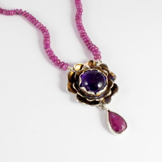 A Handmade Sterling Silver, Amethyst and Ruby PENDANT on Ruby NECKLACE.