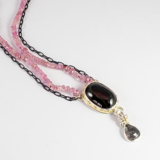 A Handmade Sterling Silver, Black Sapphire and Tourmalated Quartz PENDANT on Pink Sapphire and Black Rhodium Silver Chain.