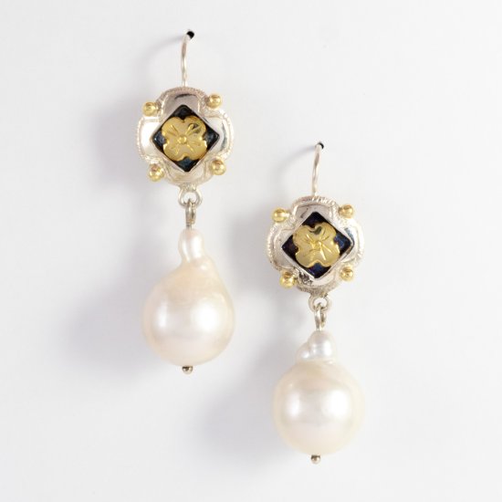A Pair of Handmade Sterling Silver, 18ct Yellow Gold and Freshwater Pearl DROP EARRINGS. 