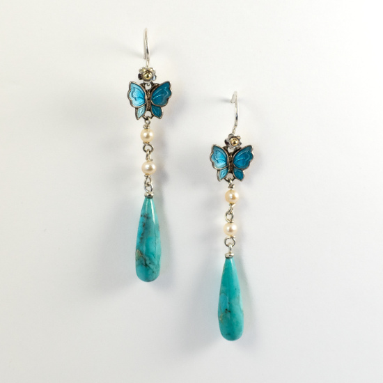 A Pair of Handmade Sterling Silver, Found Enamel Butterfly, Seed Pearl and Turquoise DROP EARRINGS