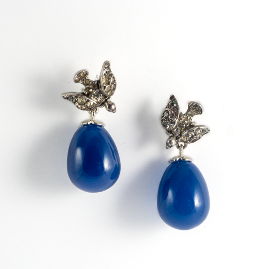 A Pair of Handmade Sterling Silver, Found Vintage Swallows and Blue Agate DROP EARRINGS.