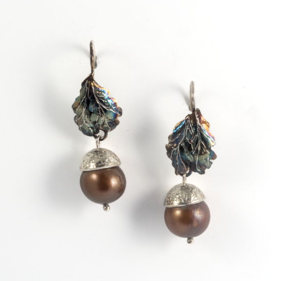 A Pair of Handmade Polished and Oxidised Sterling Silver ACORN DROP EARRINGS with Brown Freshwater Pearl.
