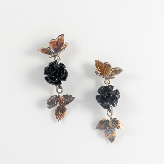 A Pair of Handmade Oxidised Sterling Silver DROP EARRINGS with Carved Onyx Roses.