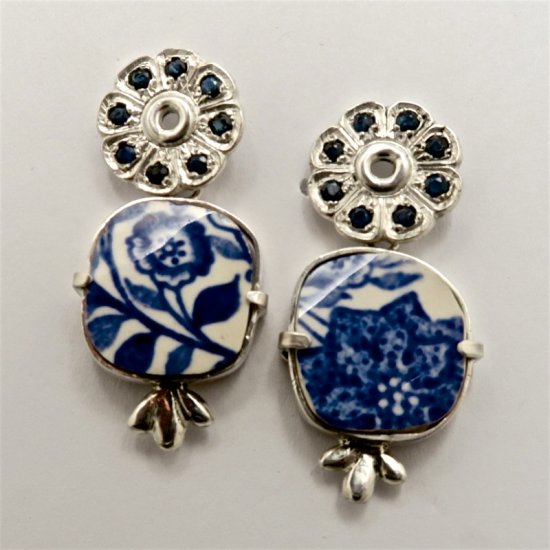 A Pair of Handmade Sterling Silver EARRINGS with Blue Sapphire and Found Porcelain.