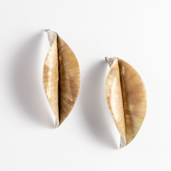 A Pair of Hand Forged Sterling Silver Blush-coloured Enamel "LEAF" HOOP EARRINGS.