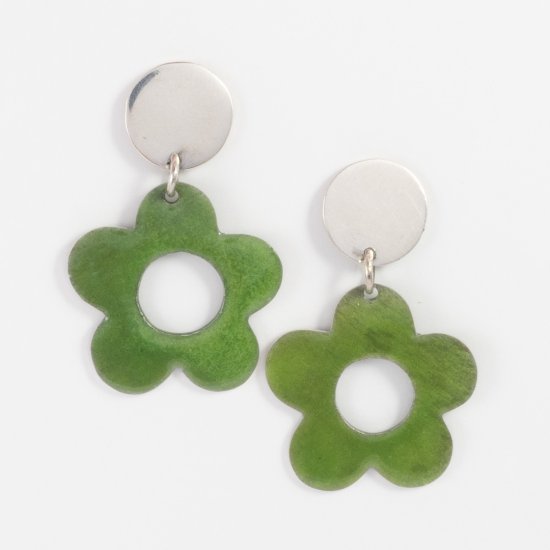 A Pair of Handmade Sterling Silver and Green Enamel DAISY EARRINGS.