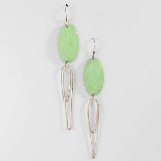 A Pair of Handmade Sterling Silver and Transparent Green Enamel Oval DROP EARRINGS.