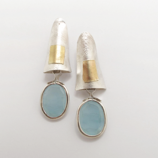 A Pair of Handmade Sterling Silver, 18ct Yellow Gold and Cloudy Aquamarine DROP EARRINGS. Gold mass 1gm.