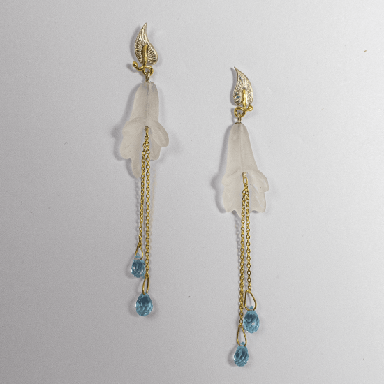 A  Pair of Handmade Sterling Silver, 18ct Yellow Gold, Agate and Blue Topaz DROP EARRINGS.