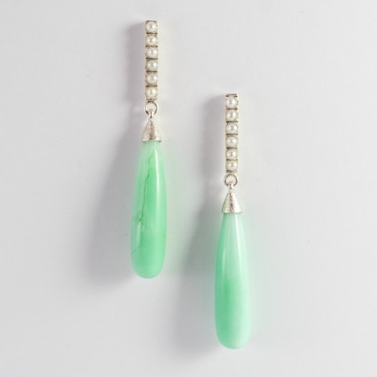 A Pair of Handmade Sterling Silver, Chrysoprase and Seed Pearl EARRINGS.