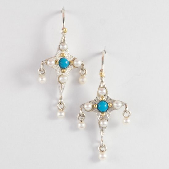 A Pair of Handmade Sterling Silver, 18ct Yellow Gold, Seed Pearl and Turquoise DROP EARRINGS.