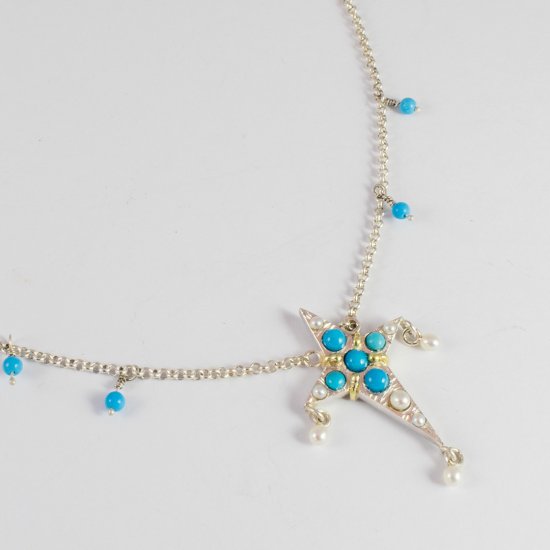 A Handmade Sterling Silver, 18ct Yellow Gold, Seed Pearl and Turquoise PENDANT on Silver Chain with Turquoise.