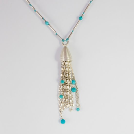 A Handmade Sterling Silver and Turquoise TASSEL PENDANT NECKLACE.
