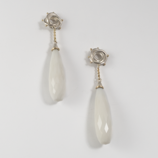 A Pair of Handmade Sterling Silver, 18ct Yellow Gold and White Agate "LOVEKNOT" DROP EARRINGS.