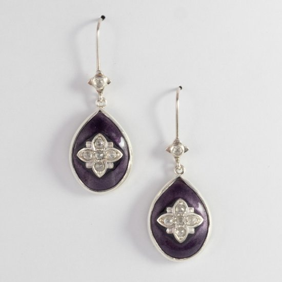 A Pair of Handmade Sterling Silver, Purple Enamel and Rose-cut Diamond DROP EARRINGS.