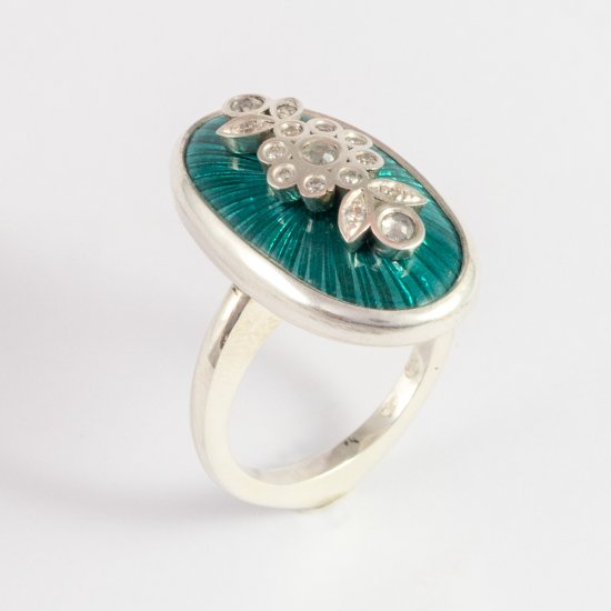 A Handmade Sterling Silver and Green Guilloche Enamel RING set with Rose-cut and Round Brilliant-cut Diamonds.