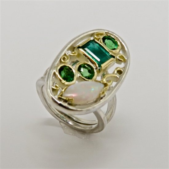 Handmade Sterling Silver, 18ct Yellow Gold, Emerald, Opal and Tsavorite RING
