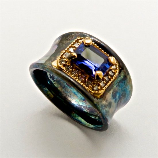 Handmade Oxidised Sterling Silver and 14ct Yellow Gold RING set with Tanzanite and Diamonds