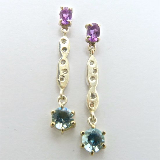 Pair of Handmade Sterling Silver and 14ct Yellow Gold DROP EARRINGS with Amethyst, Aquamarine and Diamonds