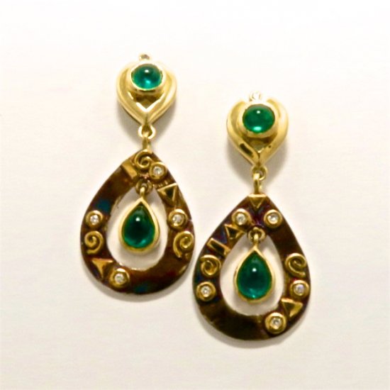 Pair of Handmade Sterling Silver and 18ct Yellow Gold DROP EARRINGS with Diamonds and Emeralds