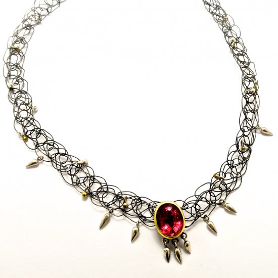 Handmade Rhodium Plated Fine Silver French Knit Necklace with Silver and Gold Elements with Pink Tourmaline, Black Rhodium Plated Fine Silver and 18ct Yellow Gold PENDANT