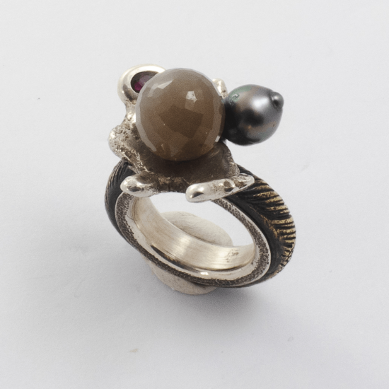 A Handmade Sterling Silver Moonstone, Tahitian Pearl and Ruby ABSTRACT DAISY RING with Found Central-African Brass and Silver Shank.
