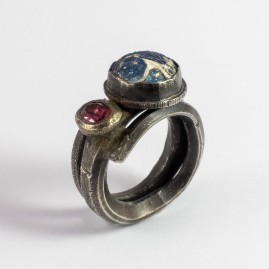A Handmade Sterling Silver RING set with Ancient Roman Glass Bead and Pink Tourmaline.