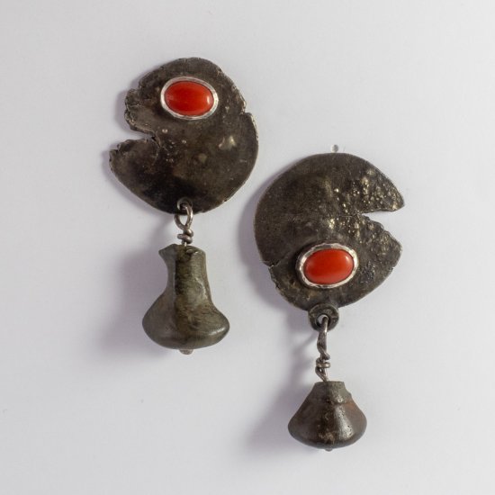 A Pair od Handmade Sterling Silver and Natural Coral EARRINGS with Ancient Roman Bronze Armorial Adornments.