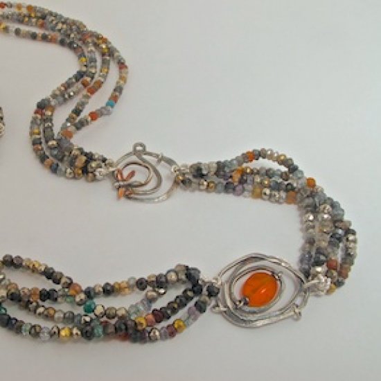 NECKLACE with Handmade Sterling Silver and Carnelian Bead Elements on Mutli-Gem Facetted Beads.