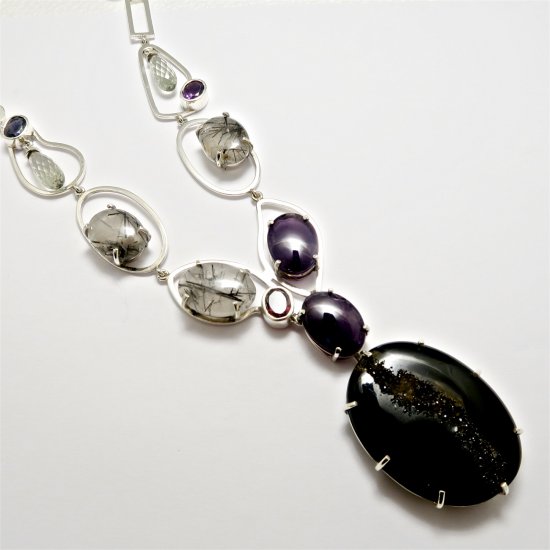 A Handmade Sterling Silver NECKLACE/PENDANT with Oval Black Onyx Drusy, Amethyst, Iolite, Garnet and Tourmalated Quartz