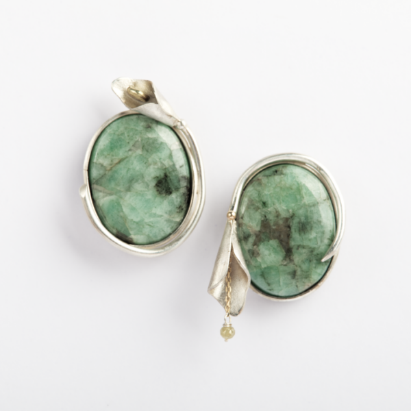 Emerald Matrix and Diamond Bead Arum Lily Earrings